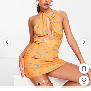 Orange Floral Cutout Halter Mini Dress